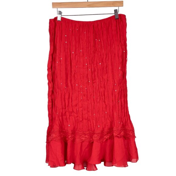 Signature Robbie Bee Maxi Skirt 12 Womens Red Requin Ruffle Twirl Stitching - Picture 1 of 5